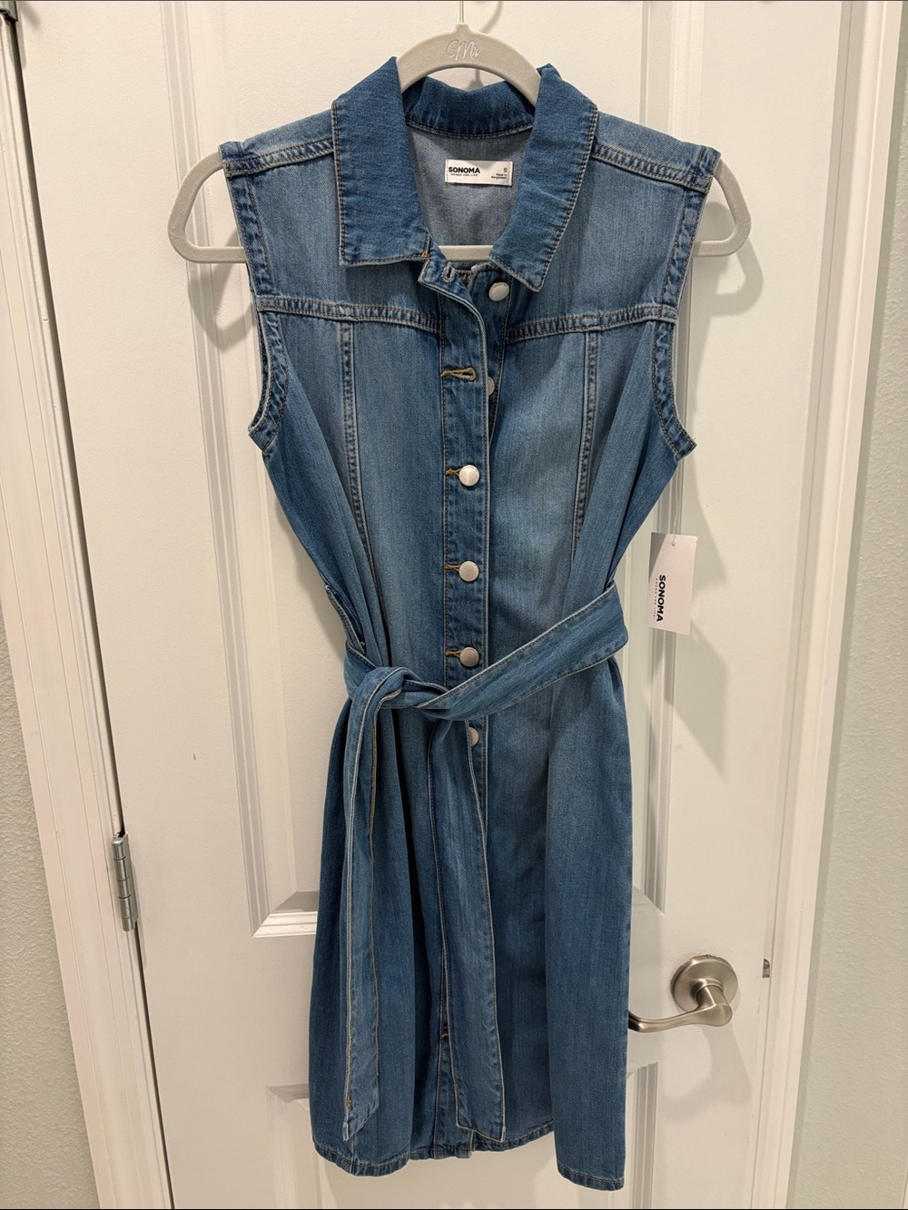 Sonoma Light Blue Sleeveless Denim Dress with Tie Waist